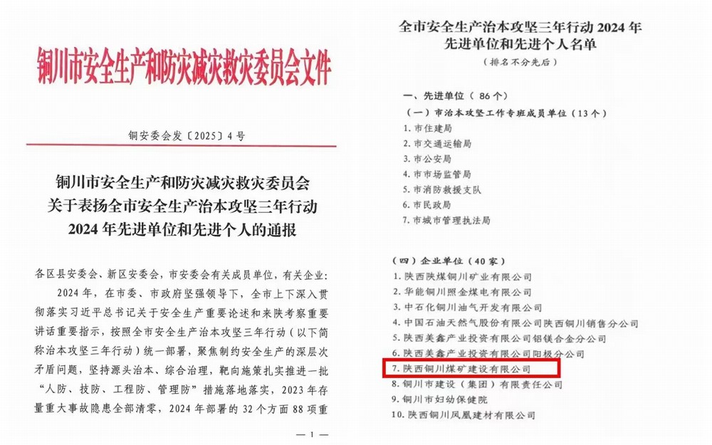 喜報！陜煤建設(shè)銅煤公司獲評“銅川市安全生產(chǎn)治本攻堅三年行動2024年先進(jìn)單位”